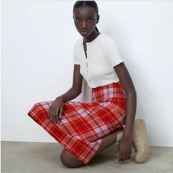 NET Zara Red/Pink Check Pencil Skirt - Picture 3 of 10